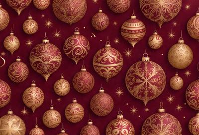 The primary subject of the image is a collection of ornate, colorful Christmas ornaments. These ornaments are displayed on a red background, which adds a festive touch to the scene. The visual style of the image is a combination of digital art and illustration, creating a vibrant and eye-catching display. The colors and mood of the image are predominantly warm and cheerful, with the red background and gold ornaments creating a sense of celebration and joy.